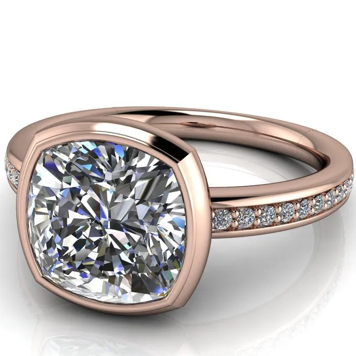 Fire Brilliance Rings Primrose Cushion Center Stone Full Bezel Diamond Channel Ring