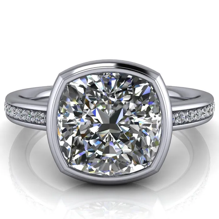 Fire Brilliance Rings Primrose Cushion Center Stone Full Bezel Diamond Channel Ring