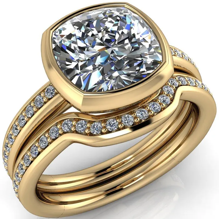 Fire Brilliance Rings Primrose Cushion Center Stone Full Bezel Diamond Channel Ring