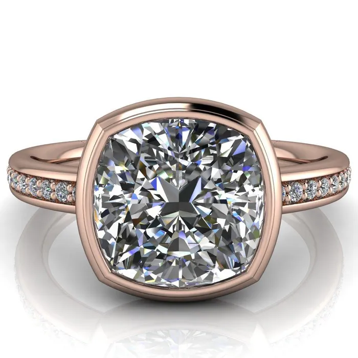 Fire Brilliance Rings Primrose Cushion Center Stone Full Bezel Diamond Channel Ring