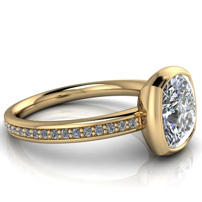 Fire Brilliance Rings Primrose Cushion Center Stone Full Bezel Diamond Channel Ring
