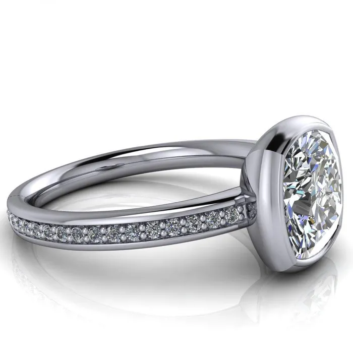 Fire Brilliance Rings Primrose Cushion Center Stone Full Bezel Diamond Channel Ring