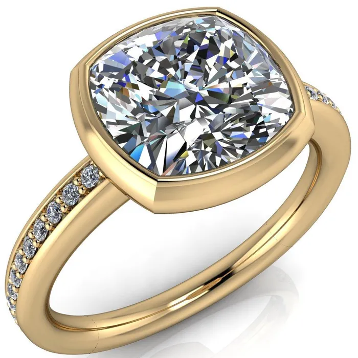 Fire Brilliance Rings Primrose Cushion Center Stone Full Bezel Diamond Channel Ring