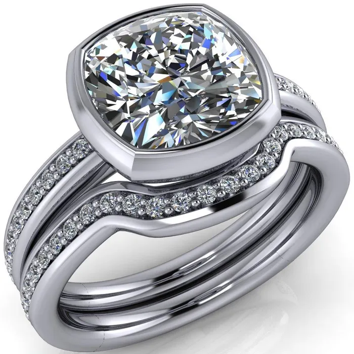 Fire Brilliance Rings Primrose Cushion Center Stone Full Bezel Diamond Channel Ring