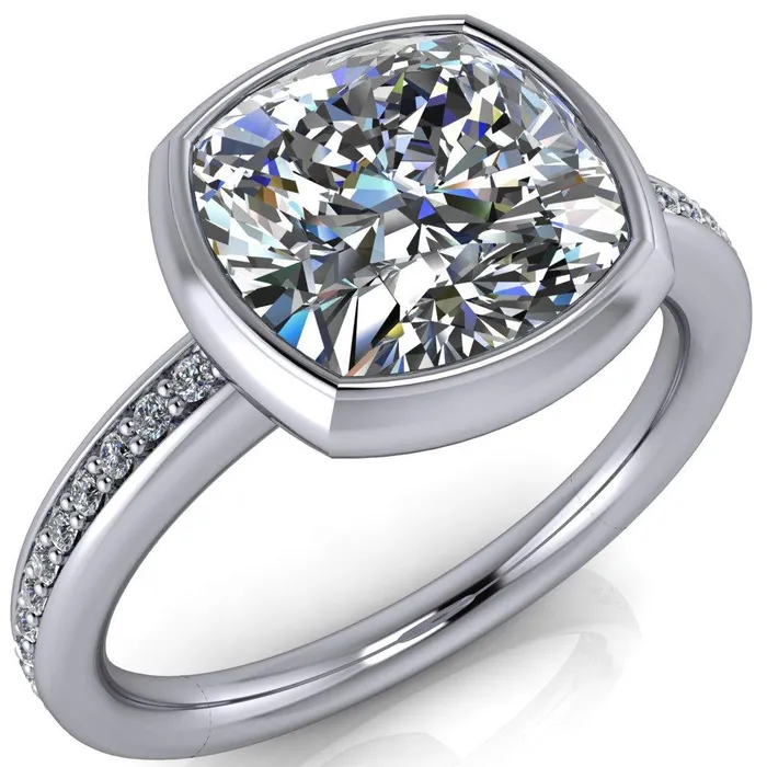Fire Brilliance Rings Primrose Cushion Center Stone Full Bezel Diamond Channel Ring