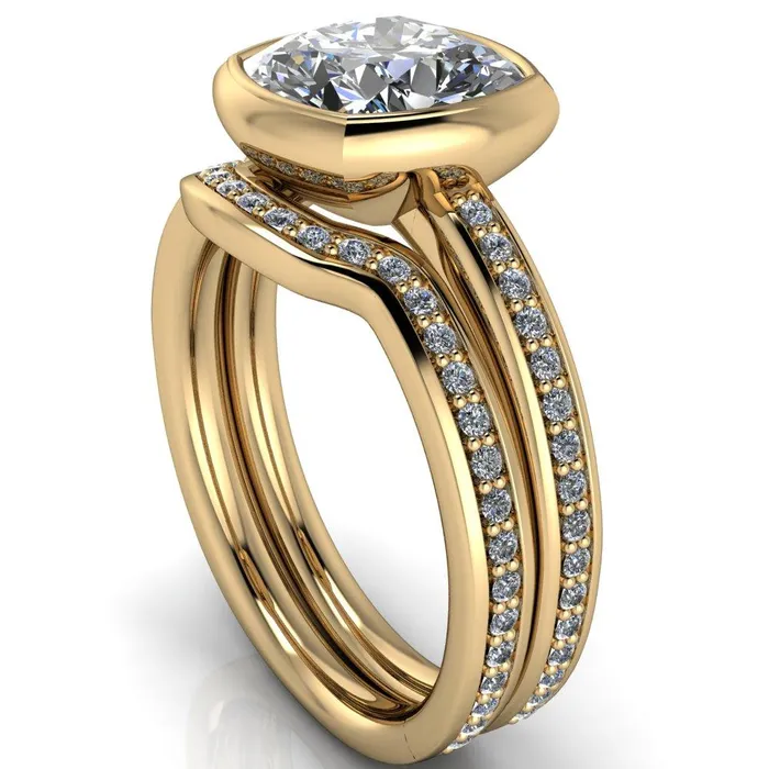 Fire Brilliance Rings Primrose Cushion Center Stone Full Bezel Diamond Channel Ring