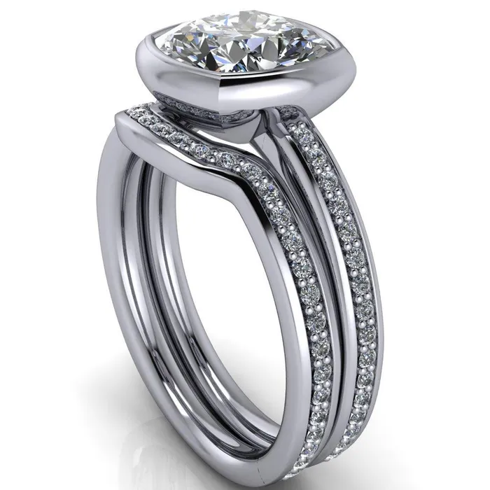 Fire Brilliance Rings Primrose Cushion Center Stone Full Bezel Diamond Channel Ring