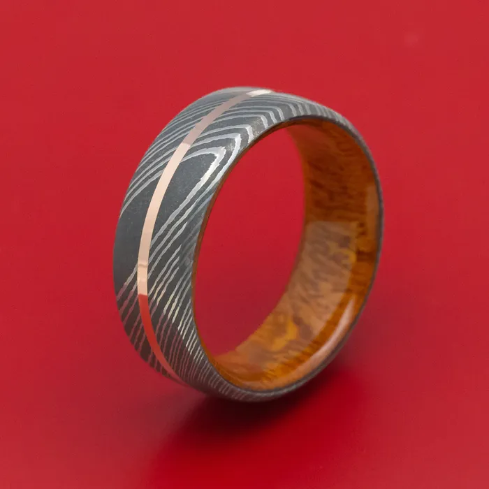 Lashbrook Rings Damascus Steel Ring with Gold Inlay and Wood Sleeve Lashbrook Rings Damascus Steel Ring with Gold Inlay and Wood Sleeve