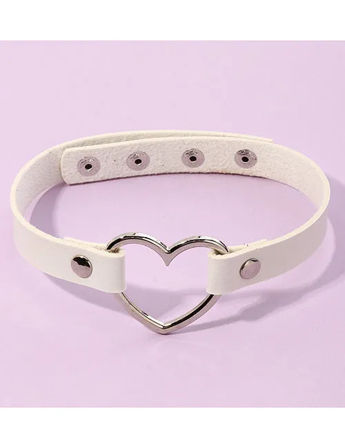 Necklaces 02 N977 Silver Heart White Leather Choker Necklace FREE Earrings