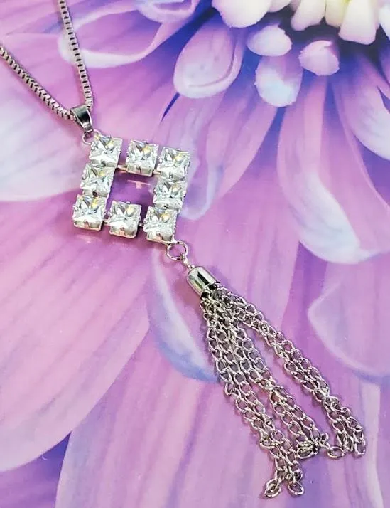 polly Necklaces AZ1200 Silver Square Rhinestone Tassel Necklace with FREE EARRINGS polly Necklaces AZ1200 Silver Square Rhinestone Tassel Necklace with FREE EARRINGS