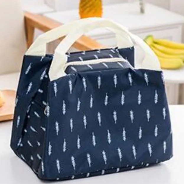 Polly Rings G206 Navy Blue Feathers Insulated Lunch Tote with Zipper Closure