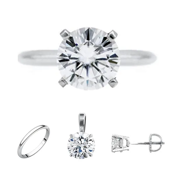 Rings Fire Brilliance FAB Round Moissanite 4 Prong Ring Complete 14K White Gold Solitaire Wedding Set Rings Fire Brilliance FAB Round Moissanite 4 Prong Ring Complete 14K White Gold Solitaire Wedding Set