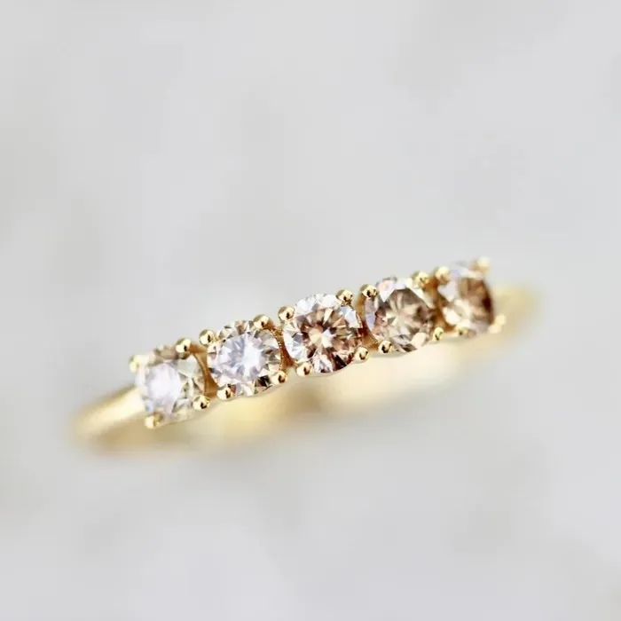 Rings Made By Gem Breakfast Love Story Champagne Five Stone Round Cut Diamond Band