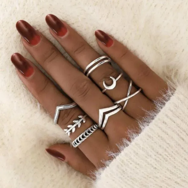 Rings polly RS73 Silver Color Assorted 7 pc Ring Set