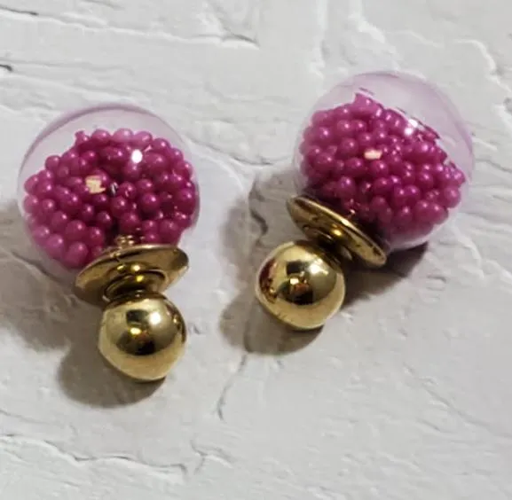 Susan Earrings E395 Gold Fuchsia Ball Filled Double Ball Earrings