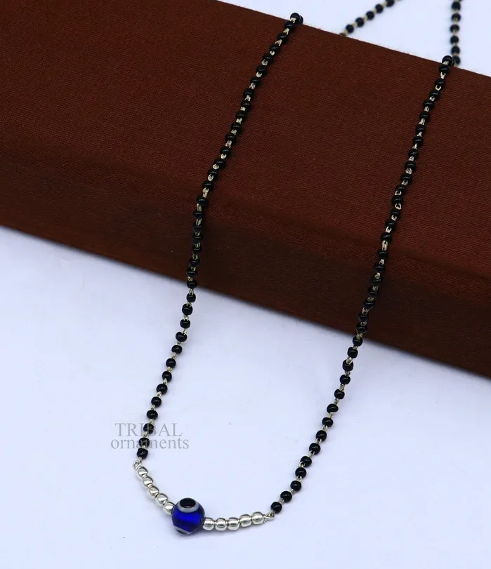 TRIBAL ORNAMENTS 925 sterling silver black beads chain necklace gorgeous small evil eye bead design pendant traditional style chain beaded necklace set323 Necklaces