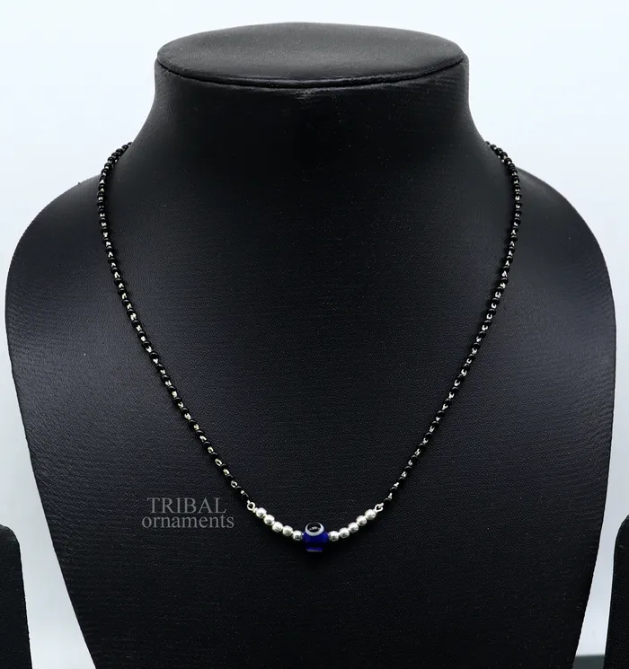 TRIBAL ORNAMENTS 925 sterling silver black beads chain necklace gorgeous small evil eye bead design pendant traditional style chain beaded necklace set323 Necklaces