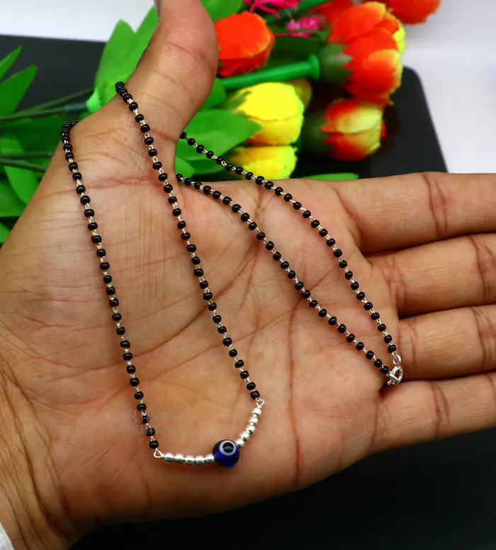 TRIBAL ORNAMENTS 925 sterling silver black beads chain necklace gorgeous small evil eye bead design pendant traditional style chain beaded necklace set323 Necklaces