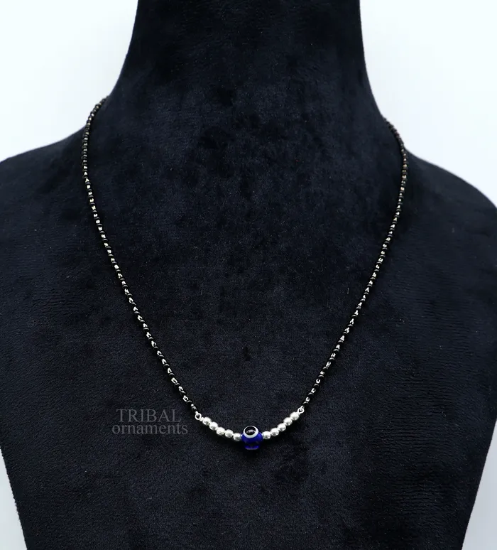 TRIBAL ORNAMENTS 925 sterling silver black beads chain necklace gorgeous small evil eye bead design pendant traditional style chain beaded necklace set323 Necklaces