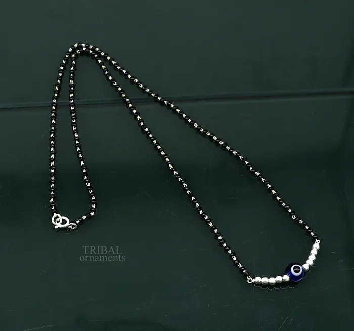 TRIBAL ORNAMENTS 925 sterling silver black beads chain necklace gorgeous small evil eye bead design pendant traditional style chain beaded necklace set323 Necklaces