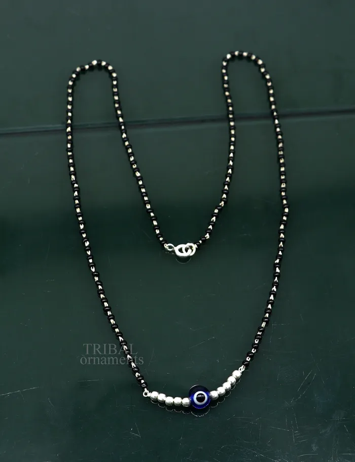 TRIBAL ORNAMENTS 925 sterling silver black beads chain necklace gorgeous small evil eye bead design pendant traditional style chain beaded necklace set323 Necklaces