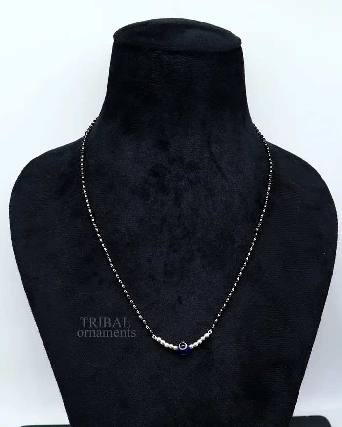 TRIBAL ORNAMENTS 925 sterling silver black beads chain necklace gorgeous small evil eye bead design pendant traditional style chain beaded necklace set323 Necklaces