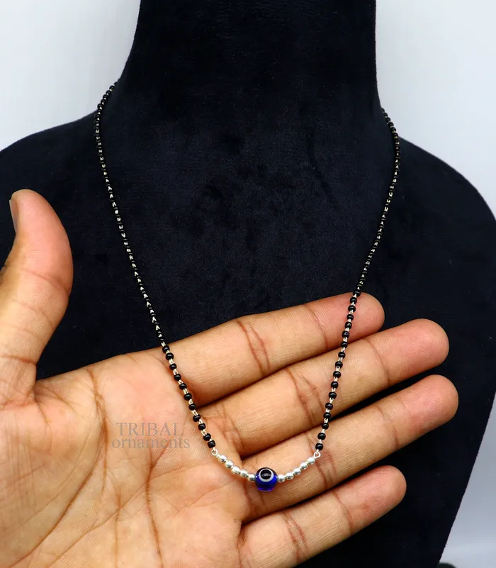 TRIBAL ORNAMENTS 925 sterling silver black beads chain necklace gorgeous small evil eye bead design pendant traditional style chain beaded necklace set323 Necklaces