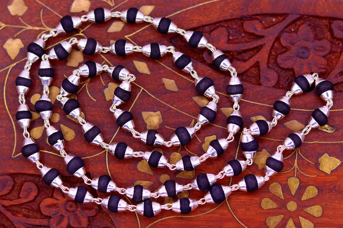 TRIBAL ORNAMENTS Necklaces Sterling silver handmade Solid black basil rosary wooden beads silver chain necklace tulsi mala use in Ayurveda meditation ch56