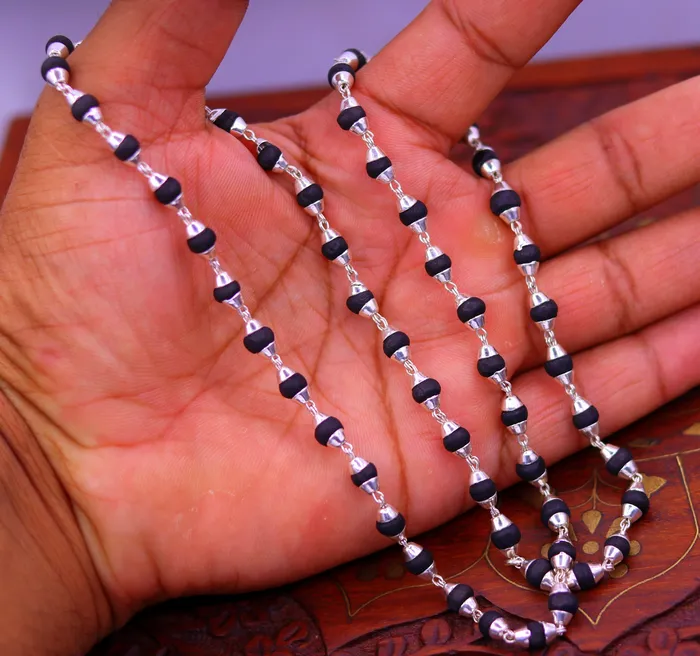 TRIBAL ORNAMENTS Necklaces Sterling silver handmade Solid black basil rosary wooden beads silver chain necklace tulsi mala use in Ayurveda meditation ch56