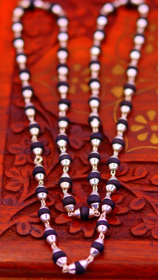 TRIBAL ORNAMENTS Necklaces Sterling silver handmade Solid black basil rosary wooden beads silver chain necklace tulsi mala use in Ayurveda meditation ch56