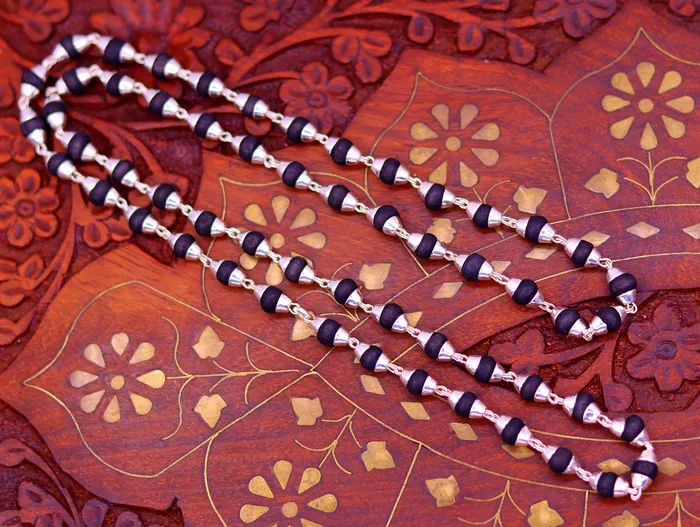 TRIBAL ORNAMENTS Necklaces Sterling silver handmade Solid black basil rosary wooden beads silver chain necklace tulsi mala use in Ayurveda meditation ch56