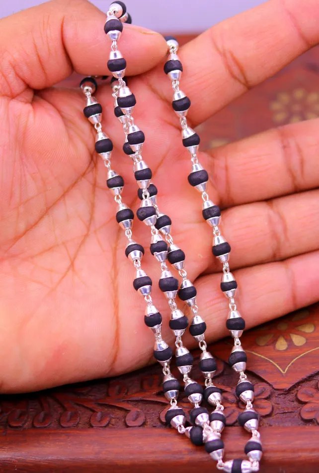 TRIBAL ORNAMENTS Necklaces Sterling silver handmade Solid black basil rosary wooden beads silver chain necklace tulsi mala use in Ayurveda meditation ch56