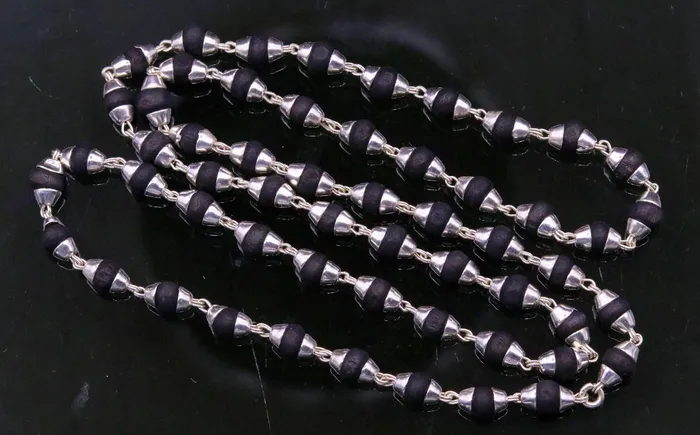 TRIBAL ORNAMENTS Necklaces Sterling silver handmade Solid black basil rosary wooden beads silver chain necklace tulsi mala use in Ayurveda meditation ch56