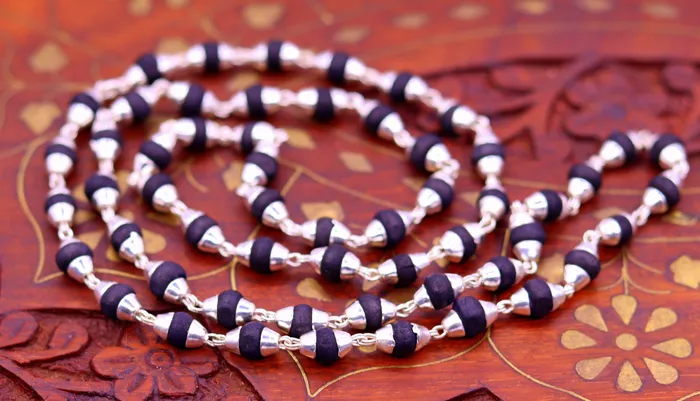 TRIBAL ORNAMENTS Necklaces Sterling silver handmade Solid black basil rosary wooden beads silver chain necklace tulsi mala use in Ayurveda meditation ch56