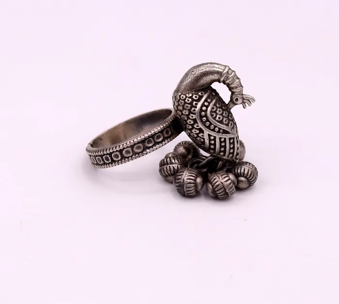 TRIBAL ORNAMENTS Rings 925 sterling silver handmade fabulous peacock design ring with amazing noisy jingle bells excellent customized jewelry for belly dance sr200