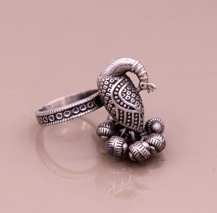 TRIBAL ORNAMENTS Rings 925 sterling silver handmade fabulous peacock design ring with amazing noisy jingle bells excellent customized jewelry for belly dance sr200