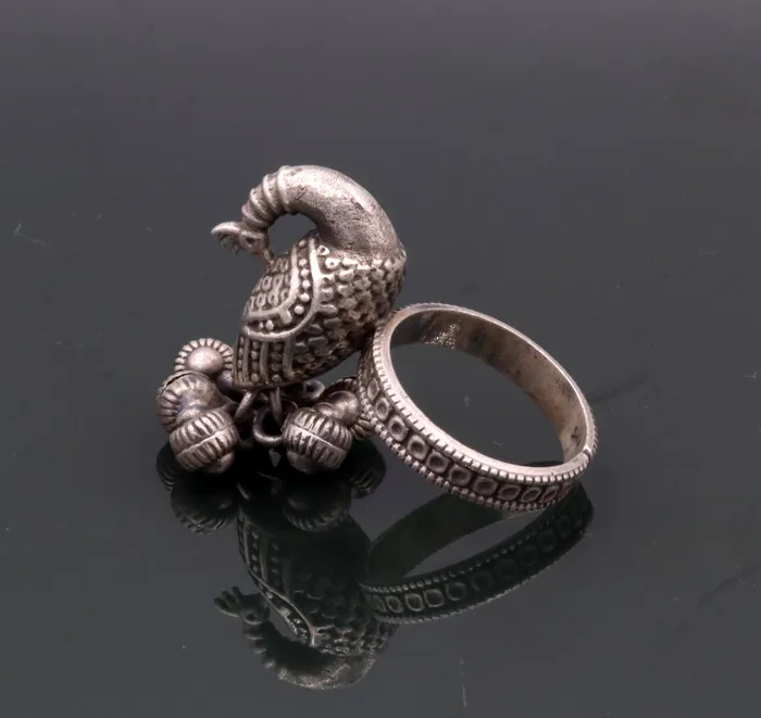 TRIBAL ORNAMENTS Rings 925 sterling silver handmade fabulous peacock design ring with amazing noisy jingle bells excellent customized jewelry for belly dance sr200