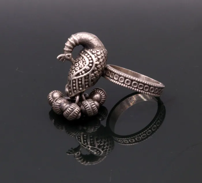 TRIBAL ORNAMENTS Rings 925 sterling silver handmade fabulous peacock design ring with amazing noisy jingle bells excellent customized jewelry for belly dance sr200
