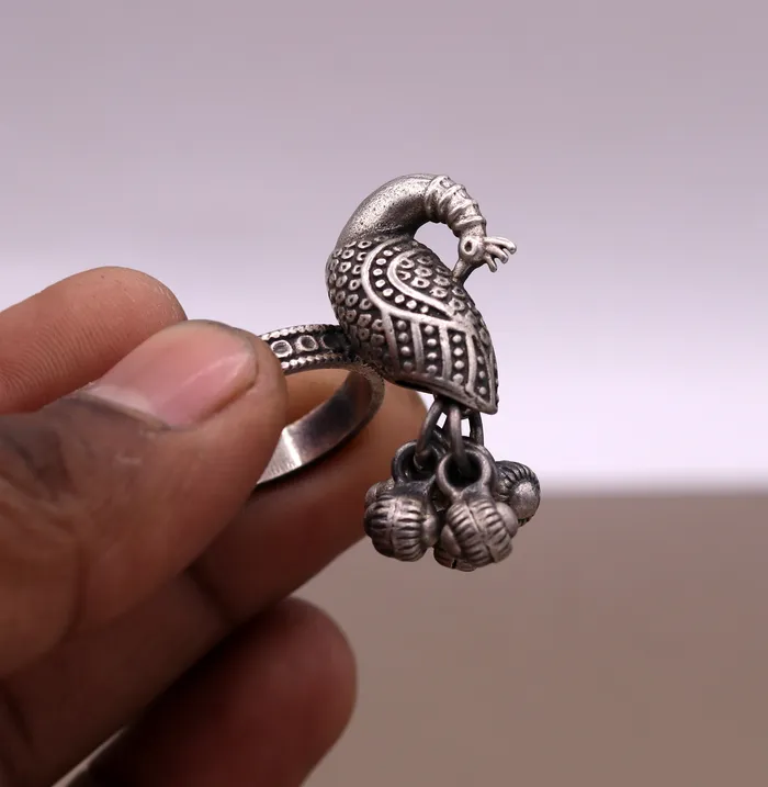 TRIBAL ORNAMENTS Rings 925 sterling silver handmade fabulous peacock design ring with amazing noisy jingle bells excellent customized jewelry for belly dance sr200