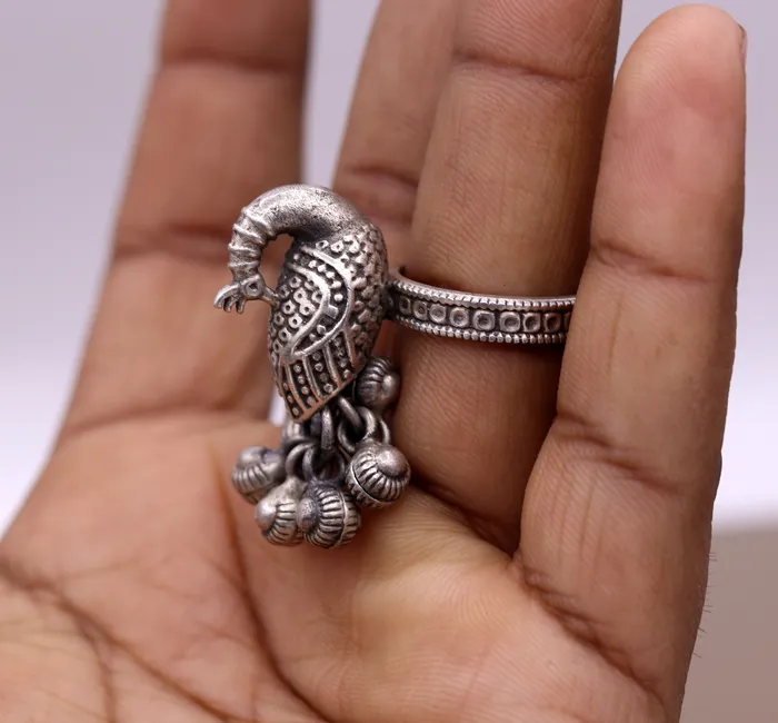 TRIBAL ORNAMENTS Rings 925 sterling silver handmade fabulous peacock design ring with amazing noisy jingle bells excellent customized jewelry for belly dance sr200