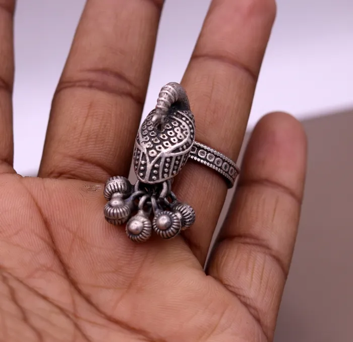 TRIBAL ORNAMENTS Rings 925 sterling silver handmade fabulous peacock design ring with amazing noisy jingle bells excellent customized jewelry for belly dance sr200