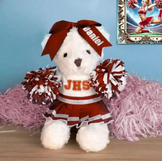 Belbren Necklaces Custom Cheerleader Teddy Bear Personalized Spirit Plush with PomPoms Name Bow Cheer Squad Gift for Girls Teams Coaches