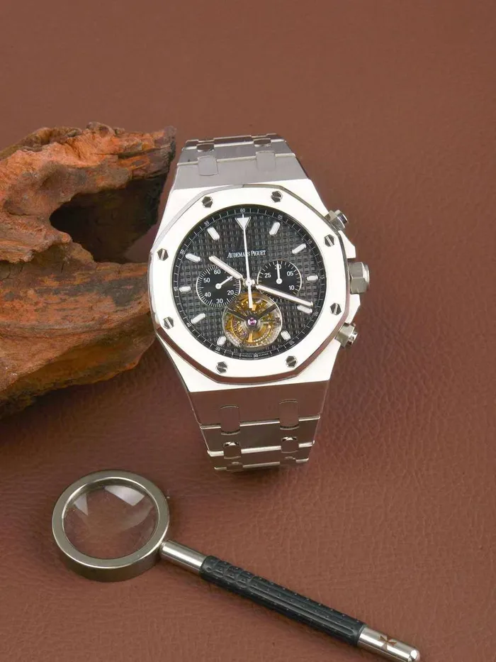 Bracelets Audemars Piguet Audemars Piguet Royal Oak Tourbillon Chronograph 44mm Mens Watch Ref 25977STOO1205ST02 Black Dial Stainless Steel Bracelet