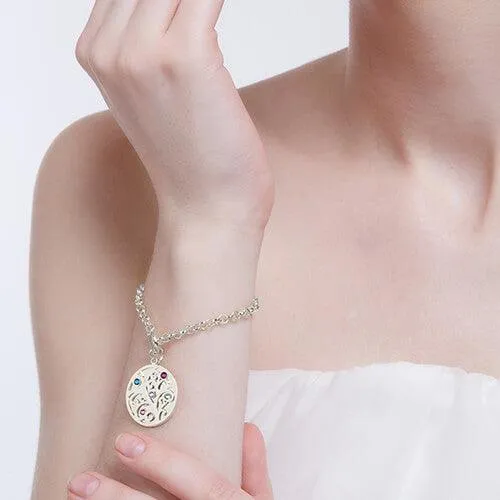 Bracelets Belbren Sterling Silver Family Tree Birthstone Bracelet Custom Engraved Names Gemstones Elegant Jewelry Gift