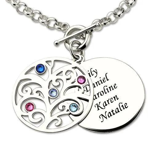 Bracelets Belbren Sterling Silver Family Tree Birthstone Bracelet Custom Engraved Names Gemstones Elegant Jewelry Gift
