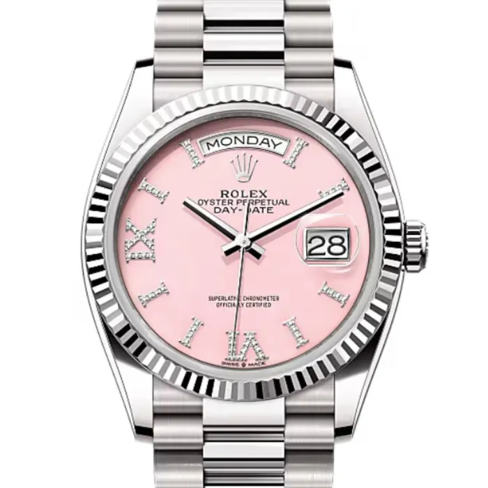 Bracelets Rolex Day Date 36mm Ref 1282390021 Pink Opal Diamond Dial Fluted Bezel 18K White Gold President Bracelet Watch Rolex