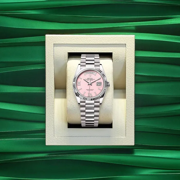 Bracelets Rolex Day Date 36mm Ref 1282390021 Pink Opal Diamond Dial Fluted Bezel 18K White Gold President Bracelet Watch Rolex