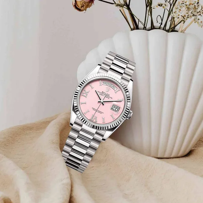 Bracelets Rolex Day Date 36mm Ref 1282390021 Pink Opal Diamond Dial Fluted Bezel 18K White Gold President Bracelet Watch Rolex