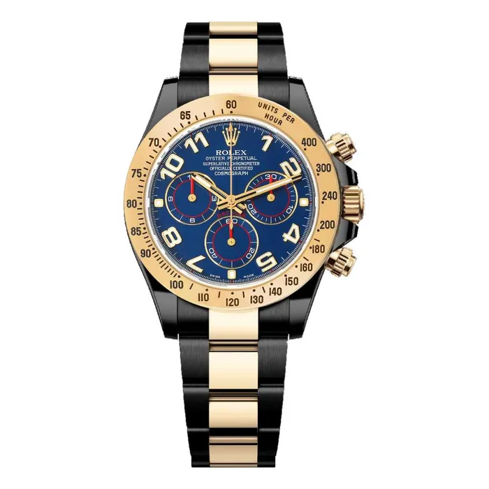 Bracelets Rolex Rolex Cosmograph Daytona 40mm Ref 116523BKD Blue Arabic Numerals Dial Gold Bezel Two Tone Black PVD 18K Yellow Gold Oyster Bracelet Mens Watch Bracelets Rolex Rolex Cosmograph Daytona 40mm Ref 116523BKD Blue Arabic Numerals Dial Gold Bezel Two Tone Black PVD 18K Yellow Gold Oyster Bracelet Mens Watch