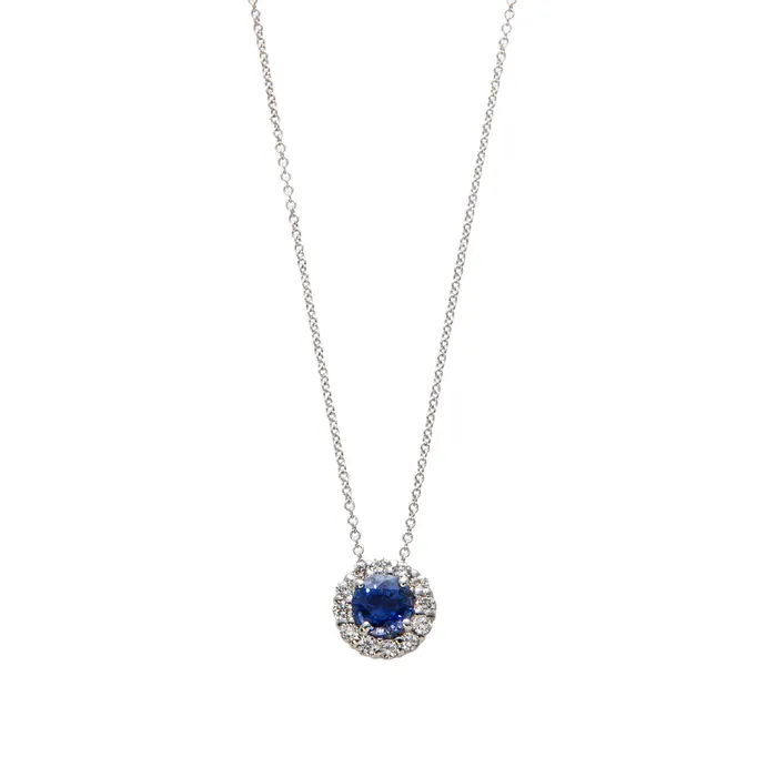 Croghans Necklaces 1ctw Sapphire Diamond Halo 18K White Gold Pendant Necklace Croghans Necklaces 1ctw Sapphire Diamond Halo 18K White Gold Pendant Necklace